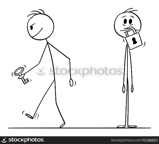 Vector cartoon stick figure drawing conceptual illustration of man with padlock on his mouth, another man is leaving with key. Concept of silence and censorship.. Vector Cartoon Illustration of Man With Padlock on His Mouth, Another Man is Leaving with Key
