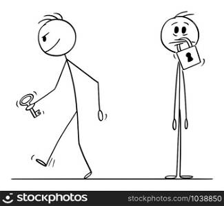 Vector cartoon stick figure drawing conceptual illustration of man with padlock on his mouth, another man is leaving with key. Concept of silence and censorship.. Vector Cartoon Illustration of Man With Padlock on His Mouth, Another Man is Leaving with Key