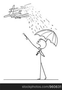 Vector cartoon stick figure drawing conceptual illustration of man with umbrella pointing in panic at passenger jet aircraft. Chemtrail conspiracy theory concept.. Vector Cartoon Illustration of Man with Umbrella Pointing in Panic at Passenger Jet Aircraft, Chemtrail Conspiracy Theory Concept