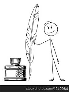 Vector cartoon stick figure drawing conceptual illustration of man, writer or poet with quill pen and ink bottle.. Vector Cartoon Illustration of Man or Writer or Poet With Quill Pen and Ink Bottle.