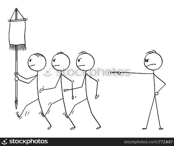 Vector cartoon stick figure drawing conceptual illustration of manager or boss sending his team of businessmen in to business battle with market or competitors.. Vector Cartoon of Boss, Manager or Businessman Sending His Business Team in to Battle