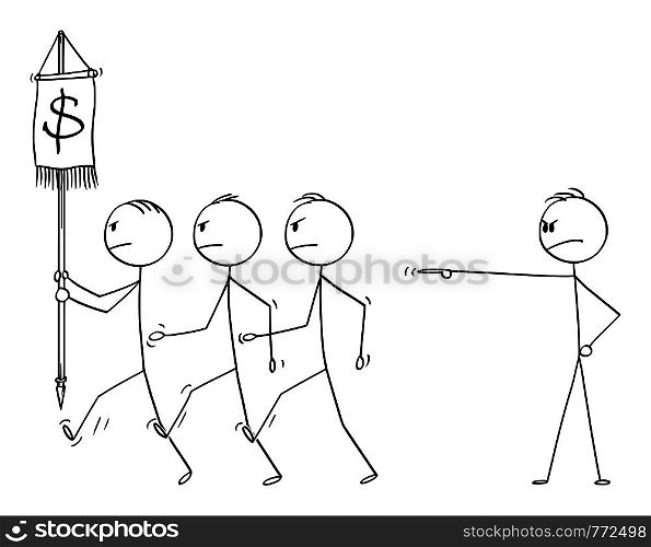 Vector cartoon stick figure drawing conceptual illustration of manager or boss sending his team of businessmen in to business battle with market or competitors for money.. Vector Cartoon of Boss, Manager or Businessman Sending His Business Team in to Battle for Money