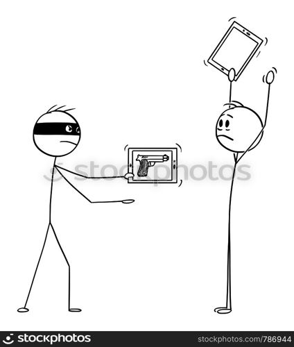 Vector cartoon stick figure drawing conceptual illustration of masked criminal, or robber with virtual gun as image on mobile phone, or tablet mugging a man with hands up.. Vector Cartoon of Robber with Virtual Gun as Image on Tablet or Phone Mugging a Man with Hands Up
