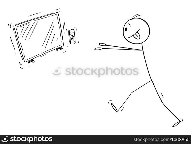 Vector cartoon stick figure drawing conceptual illustration of media addicted man trying to get to TV, telly or television entertainment.. Vector Cartoon Illustration of Media Addicted Man Trying to TV, Telly or Television Entertainment