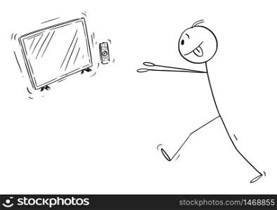 Vector cartoon stick figure drawing conceptual illustration of media addicted man trying to get to TV, telly or television entertainment.. Vector Cartoon Illustration of Media Addicted Man Trying to TV, Telly or Television Entertainment