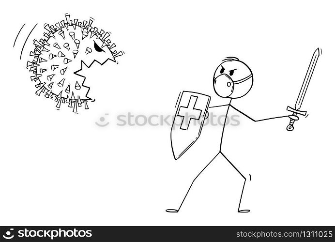 Vector cartoon stick figure drawing conceptual illustration of medical staff, doctor or medic or nurse wearing face mask fighting with sword and shield with coronavirus covid-19 monster.. Vector Cartoon Illustration of Medical Staff or Doctor or Medic Wearing Face Mask and Fighting With Sword and Shield With Coronavirus Covid-19 Monster