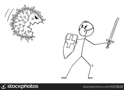 Vector cartoon stick figure drawing conceptual illustration of medical staff, doctor or medic or nurse wearing face mask fighting with sword and shield with coronavirus covid-19 monster.. Vector Cartoon Illustration of Medical Staff or Doctor or Medic Wearing Face Mask and Fighting With Sword and Shield With Coronavirus Covid-19 Monster
