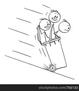 Vector cartoon stick figure drawing conceptual illustration of men or businessmen riding inside of wheelie bin down the hill.. Vector Cartoon of Men or Businessmen Riding Inside of Wheelie Bin Down the Hill