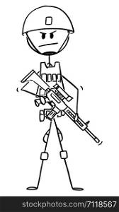 Vector cartoon stick figure drawing conceptual illustration of modern army soldier in camouflage vest and helmet and armed with rifle.. Vector Cartoon Illustration of Modern Army Soldier in Camouflage Vest and Helmet and Armed with Rifle