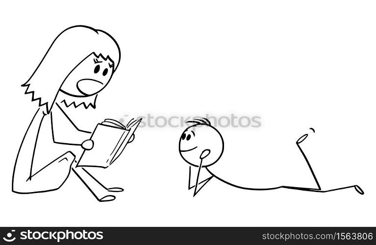 Vector cartoon stick figure drawing conceptual illustration of mother or parent reading book to his son or child.. Vector Cartoon Illustration of Mother or Parent Reading Book to His Son or Child