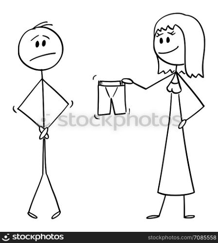 Vector cartoon stick figure drawing conceptual illustration of naked man hiding his genitals or crotch, and smiling woman offering or giving him shorts or boxers to cover or dress yourself.. Vector Cartoon of Naked Man and Woman Giving Him Shorts or Boxers to Cover or Dress Yourself