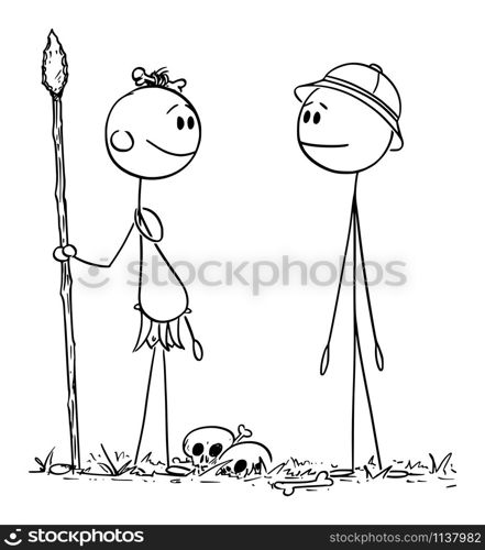 Vector cartoon stick figure drawing conceptual illustration of native cannibal man talking with European or Western Traveler or Tourist.. Vector Cartoon Illustration of Native Cannibal Man Talking with Western or European Traveler or Tourist