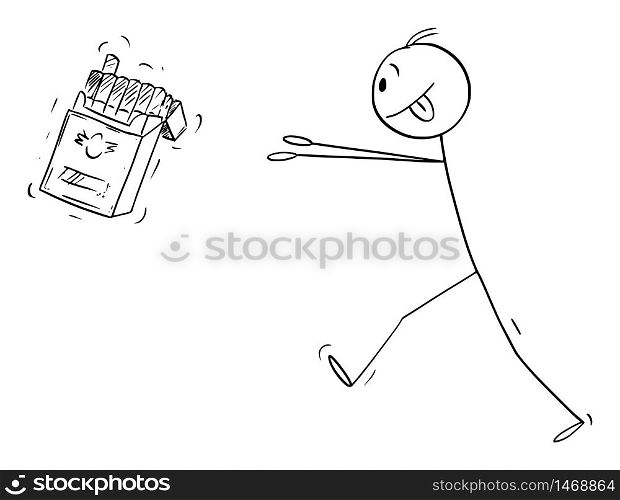 Vector cartoon stick figure drawing conceptual illustration of nicotine addicted man trying to get box of cigarettes.. Vector Cartoon Illustration of Addicted Man Trying to Get Box of Cigarettes