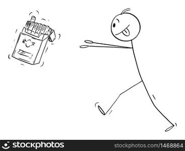 Vector cartoon stick figure drawing conceptual illustration of nicotine addicted man trying to get box of cigarettes.. Vector Cartoon Illustration of Addicted Man Trying to Get Box of Cigarettes
