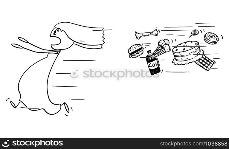 Vector cartoon stick figure drawing conceptual illustration of obese and fat woman running away chased by unhealthy junk food. Concept of healthy lifestyle.. Vector Cartoon Illustration of Fat Woman Running Away Chased by Unhealthy Junk Food