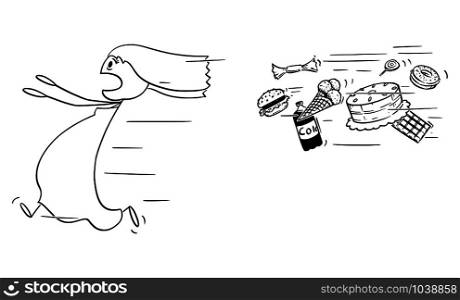 Vector cartoon stick figure drawing conceptual illustration of obese and fat woman running away chased by unhealthy junk food. Concept of healthy lifestyle.. Vector Cartoon Illustration of Fat Woman Running Away Chased by Unhealthy Junk Food