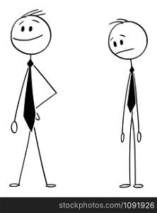 Vector cartoon stick figure drawing conceptual illustration of ordinary man watching confident businessman wearing very long tie or necktie.. Vector Cartoon Illustration of Ordinary Man or Businessman Watching Confident Man with Very Long Tie or Necktie