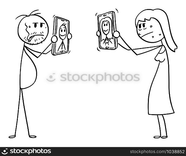 Vector cartoon stick figure drawing conceptual illustration of ordinary or ugly man and woman, showing their unrealistic retouched and idealized photos on social networks on mobile phones.. Vector Cartoon Illustration of Man and Woman Showing Mobile Phones with their Idealized Unrealistic Retouched Photos