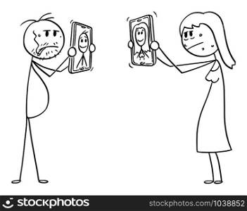 Vector cartoon stick figure drawing conceptual illustration of ordinary or ugly man and woman, showing their unrealistic retouched and idealized photos on social networks on mobile phones.. Vector Cartoon Illustration of Man and Woman Showing Mobile Phones with their Idealized Unrealistic Retouched Photos