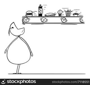Vector cartoon stick figure drawing conceptual illustration of overweight or fat man waiting with mouth open for unhealthy or junk food falling from conveyor belt.. Vector Cartoon of Fat or Overweight Man Waiting with Mouth Open for Unhealthy or Junk Food Falling from Conveyor Belt
