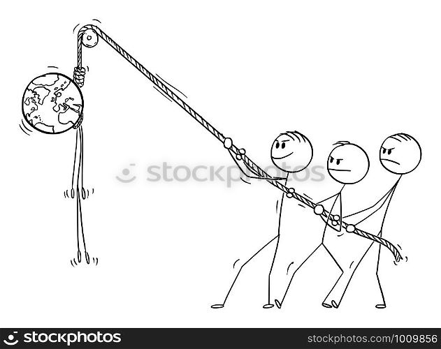 Vector cartoon stick figure drawing conceptual illustration of people hanging planet Earth hanged on the rope. Death of the world, environmental preservation concept.. Vector Cartoon Illustration of People Hanging Planet Earth Hanged on Rope. Environmental concept