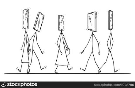 Vector cartoon stick figure drawing conceptual illustration of people or pedestrians walking on the street with mobile phone or smartphone as head. Concept of addiction.. Vector Cartoon Illustration of People Walking on the Street with Mobile Phone as Head