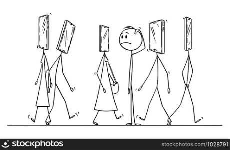 Vector cartoon stick figure drawing conceptual illustration of people or pedestrians walking on the street with mobile phone or smartphone as head. Ordinary man is looking at it amazed. Concept of addiction.. Vector Cartoon Illustration of People Walking on the Street with Mobile Phone as Head, Ordinary Man is Amazed