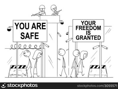 Vector cartoon stick figure drawing conceptual illustration of people walking on the street in world where all freedom was lost for security and safety. Armed soldiers, cameras and barbed wire are all around.. Vector Cartoon Illustration of People Walking on the Street in World Where All Freedom Was Lost for Safety and Security. Cameras, Soldiers and Barbed Wire Are Everywhere.