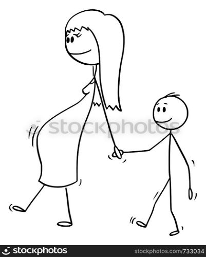 Vector cartoon stick figure drawing conceptual illustration of pregnant woman or mom or mother together with small boy or son. They are walking and holding hands.. Vector Cartoon of Pregnant Woman or Mom Walking Together with Small Boy or Son