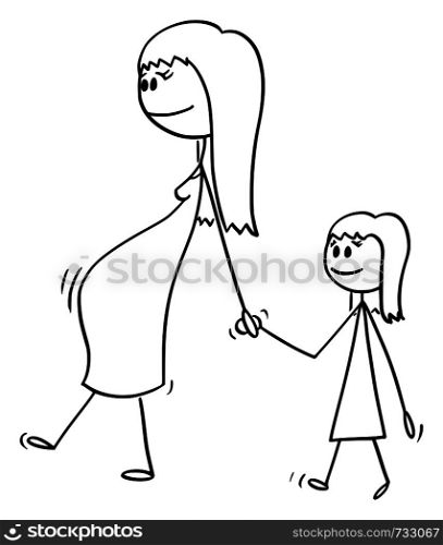 Vector cartoon stick figure drawing conceptual illustration of pregnant woman or mom or mother together with small girl or daughter. They are walking and holding hands.. Vector Cartoon of Pregnant Woman or Mom Walking Together with Small Girl or Daughter