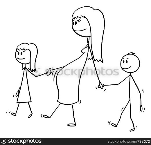 Vector cartoon stick figure drawing conceptual illustration of pregnant woman or mom or mother together with small girl and boy or daughter and son. They are walking and holding hands.. Vector Cartoon of Pregnant Woman or Mom Walking Together with Small Girl and Boy or Daughter and Son