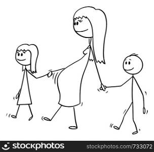 Vector cartoon stick figure drawing conceptual illustration of pregnant woman or mom or mother together with small girl and boy or daughter and son. They are walking and holding hands.. Vector Cartoon of Pregnant Woman or Mom Walking Together with Small Girl and Boy or Daughter and Son