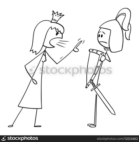 Vector cartoon stick figure drawing conceptual illustration of princess or queen yelling angry at prince or warrior in armor. Concept of relationship problem.. Vector Cartoon Illustration of Queen or Princess Yelling at Knight or Warrior or Prince.Relationship Problem.