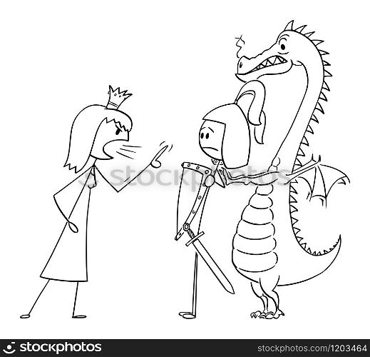 Vector cartoon stick figure drawing conceptual illustration of princess or queen yelling angry at prince or warrior in armor and dragon. Concept of relationship problem.. Vector Cartoon Illustration of Queen or Princess Yelling at Knight or Warrior or Prince and Dragon.Relationship Problem.