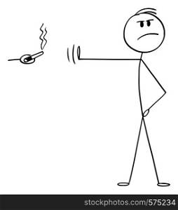 Vector cartoon stick figure drawing conceptual illustration of principled or high-principled man rejecting smoking cigar or cigarette with hand gesture and pose.. Vector Cartoon of High-principled or Principled Man Rejecting Smoking Cigarette or Cigar