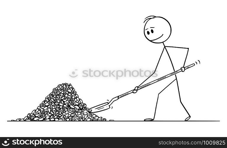 Vector cartoon stick figure drawing conceptual illustration of rich and successful man or businessman throwing pile of coins or money with shovel. Concept of financial success.. Vector Cartoon Illustration of Man or Businessman Throwing Pile of Coins or Money with Shovel