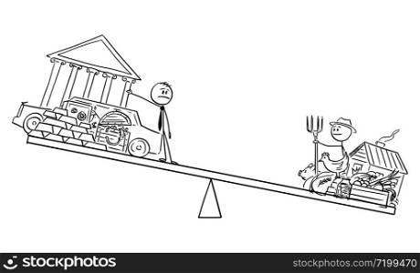 Vector cartoon stick figure drawing conceptual illustration of rich man and poor farmer on balance scales. Food is more important then gold and property in crisis.. Vector Cartoon Illustration of Rich Man and Poor Farmer on Balance Scales. Food Is More Important Than Property and Gold During Crisis.