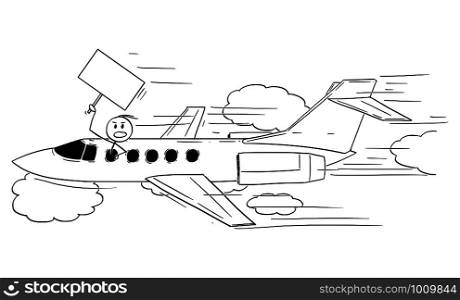 Vector cartoon stick figure drawing conceptual illustration of rich man, celebrity person or businessman flying with private jet aircraft and holding empty sign ready for your text.. Vector Cartoon Illustration of Rich Man, Celebrity Person or Businessman Flying with Private Jet Aircraft and Holding Empty Sign