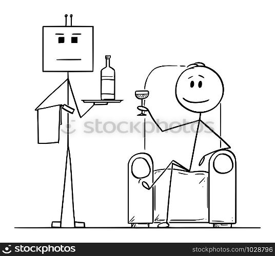 Vector cartoon stick figure drawing conceptual illustration of rich man sitting in armchair or chair, with glass in hand and robot as his servant or valet in standing near and holding bottle on tray.. Vector Cartoon Illustration of Rich Man Sitting in Armchair with Glass in Hand and Robot as His Servant or Valet Standing Near with Bottle