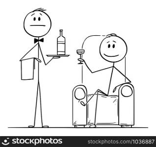 Vector cartoon stick figure drawing conceptual illustration of rich man sitting in armchair or chair, with glass in hand and his servant or valet in standing near and holding bottle on tray.. Vector Cartoon Illustration of Rich Man Sitting in Armchair with Glass in Hand and His Servant or Valet Standing Near with Bottle