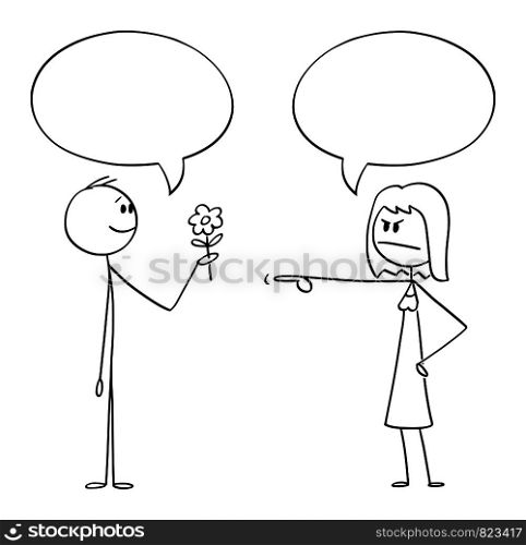 Vector cartoon stick figure drawing conceptual illustration of romantic man holding flower and giving it to angry woman. Both are saying something and have empty speech bubble or balloon above.. Vector Cartoon of Romantic Man Holding Flowers and Giving It to Angry Woman. Both Have Empty Speech Bubble or Balloon.