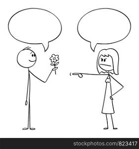Vector cartoon stick figure drawing conceptual illustration of romantic man holding flower and giving it to angry woman. Both are saying something and have empty speech bubble or balloon above.. Vector Cartoon of Romantic Man Holding Flowers and Giving It to Angry Woman. Both Have Empty Speech Bubble or Balloon.