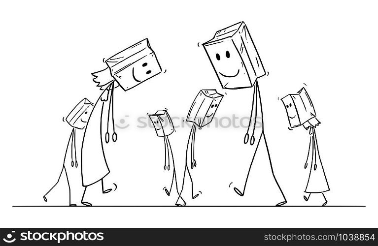 Vector cartoon stick figure drawing conceptual illustration of sad and depressed people walking on the street, with paper bags with painted smile on their heads as mask.. Vector Cartoon Illustration of Sad and Depressed People Walking With Paper Bags with Smiling Face as Mask