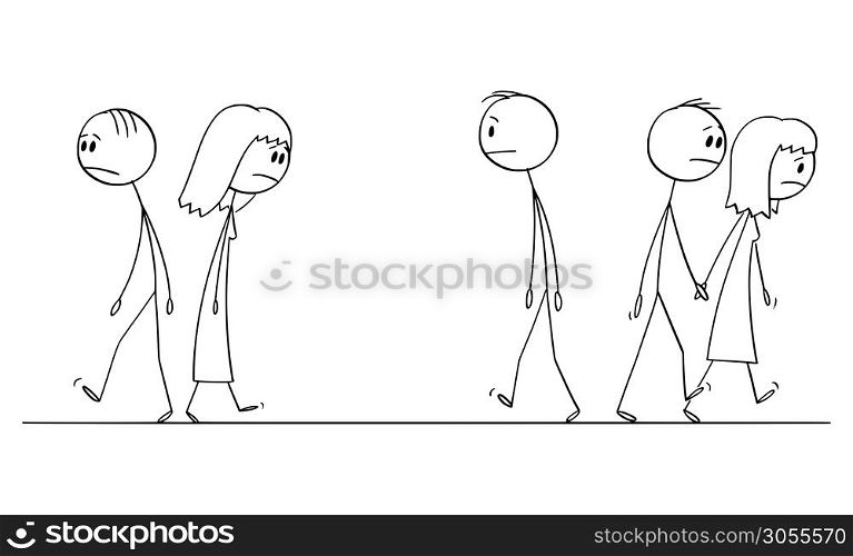 Vector cartoon stick figure drawing conceptual illustration of sad or depressed people walking on the street.. Vector Cartoon Illustration of Sad or Depressed People Walking on
