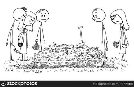 Vector cartoon stick figure drawing conceptual illustration of sad people, friends or family members on burial ceremony around the hole in the ground.. Vector Cartoon Illustration of Sad People, Friends or Family Members on Burial Ceremony
