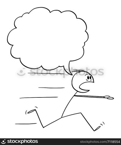 Vector cartoon stick figure drawing conceptual illustration of scared man or businessman running away in fear with empty speech bubble.. Vector Cartoon of Scared Man or Businessman Running Away in Panic or Fear with Empty Speech Bubble