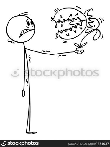 Vector cartoon stick figure drawing conceptual illustration of scared or frightened man holding dangerous carnivorous plant with mouth and teeth in flower pot.. Vector Cartoon Illustration of Frightened or Scared Man Holding Dangerous Carnivorous Plant in Flower Pot With Mouth and Teeth
