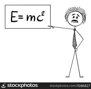 Vector cartoon stick figure drawing conceptual illustration of scientist Albert Einstein pointing at sign with E equals mc2 equation of special relativity theory.. Vector Cartoon Illustration of Scientist Albert Einstein Pointing at Sign with E Equals mc2 Equation of Special Relativity Theory