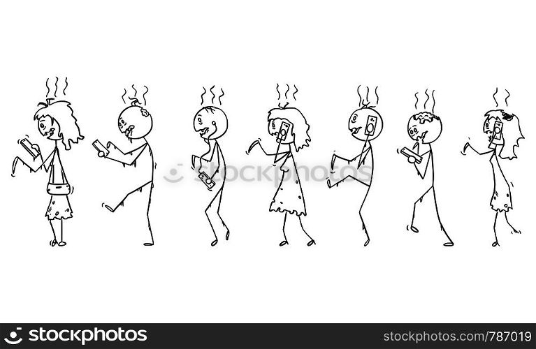 Vector cartoon stick figure drawing conceptual illustration of set of addicted zombies or dead people walking on the street and using mobile phones or cell phones.. Vector Cartoon of Set of Addicted Zombies or Dead People Walking on the Street and Using Mobile Phones or Cellphones