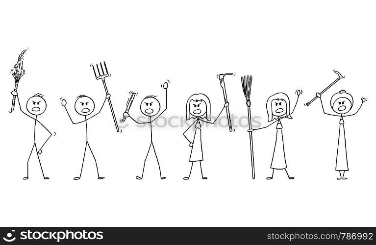 Vector cartoon stick figure drawing conceptual illustration of set of angry mob characters with torch and tools like pitchfork as weapons.. Vector Cartoon of Set of Angry Mob Stick Characters with Tools as Weapons